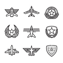 Vector airplane military badge set, aircraft aviation logo design, fighter jet emblem collection, outline style silhouette