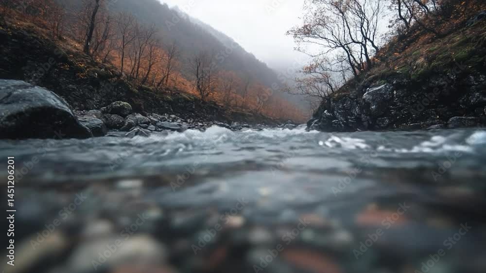Aufkleber a flowing river in a mountainous landscape with autumn foliage on the slopes captured with a low ang