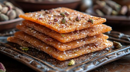 Stack of sweet, flaky, orange-hued pastries sprinkled with pistachios and salt, on an ornate metal tray.