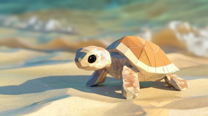 Obraz premium Geometric sea turtle resting on sandy beach with gentle waves in background