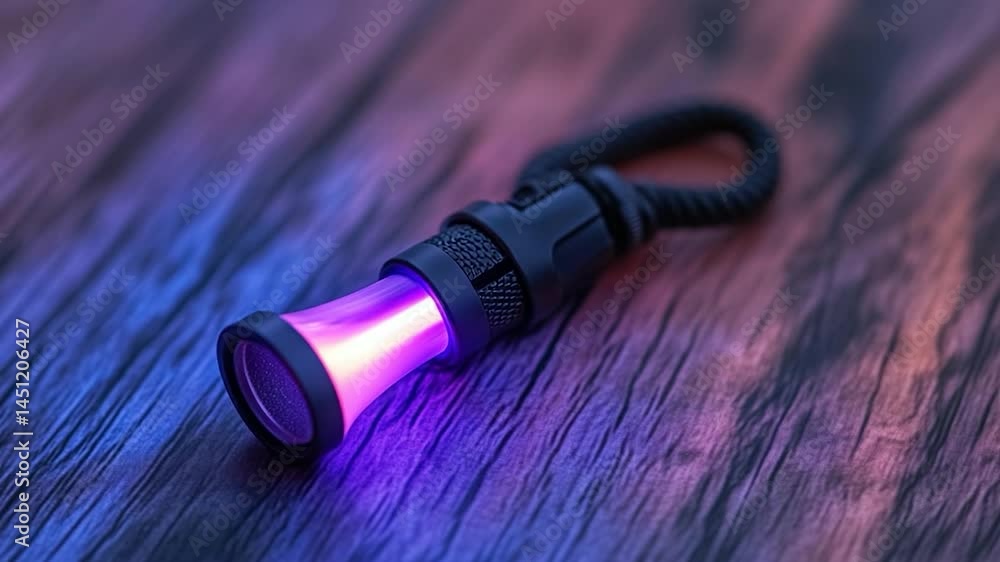 Poster illuminated futuristic object with glowing neon accents on a wooden surface blue and purple gradient