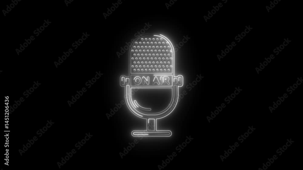 Poster glowing retro microphone icon animation on black background broadcast and radio concept