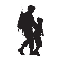 Silhouette of soldier with child: military, family, support, love, protection, hero, vector, graphic
