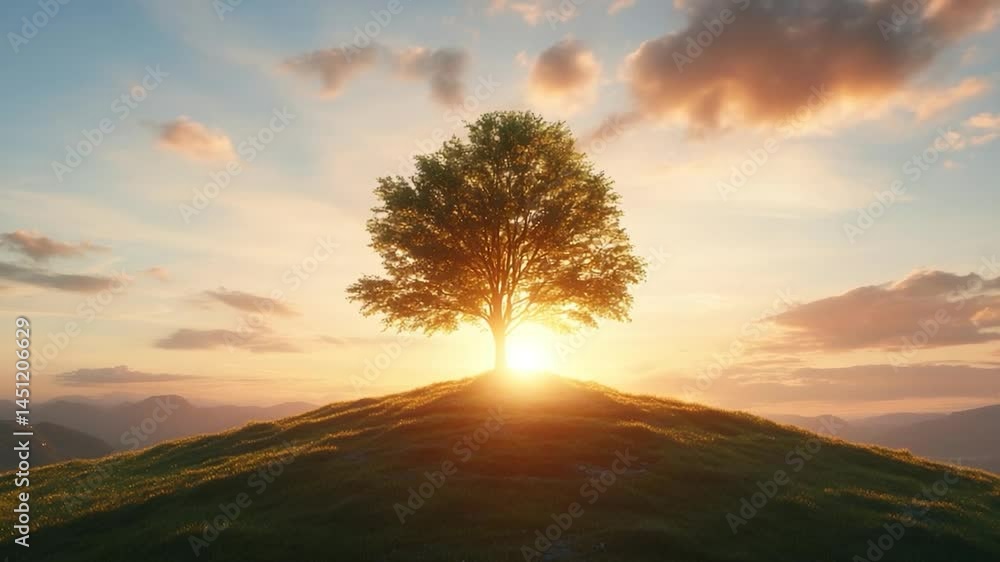 Poster scenic shot of a lone tree atop a grassy hill bathed in the warm glow of the setting sun with clouds