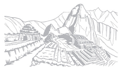 Machu Picchu Ancient Inca Citadel in the Andes Mountains Hand-drawn Illustration