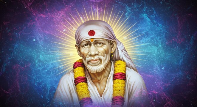 Serene Portrait of Indian Spiritual Guru Shirdi Sai Baba with Light Radiance