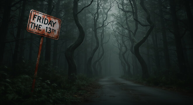 Spooky Friday the 13th Sign on Dark Forest Road