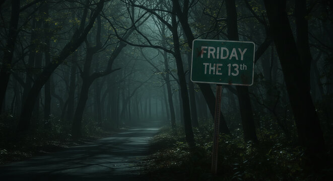 Eerie Friday the 13th Road Sign in Dark Forest