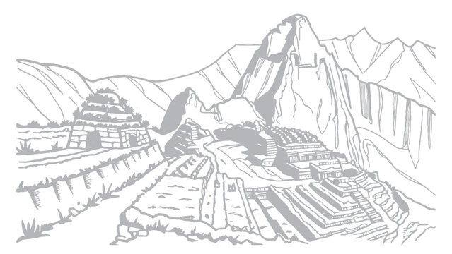Machu Picchu Ancient Inca Citadel in the Andes Mountains Hand-drawn Illustration