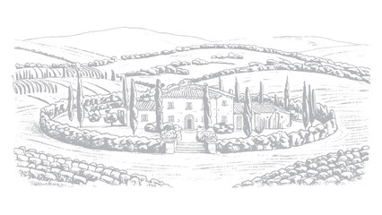 Fototapeta premium Elegant Tuscan Villa in a Picturesque Landscape Hand-drawn