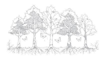 Hand drawn sketch illustration of tree and plants
