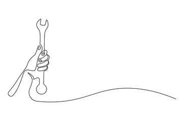 Continuous one line drawing of Hand holding wrench. Single line drawing illustration of Holds a wrench. Tools for car repair concept vector art. Doodle line illustration.