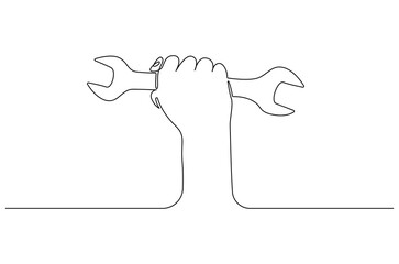 Continuous one line drawing of Hand holding wrench. Single line drawing illustration of Holds a wrench. Tools for car repair concept vector art. Doodle line illustration.