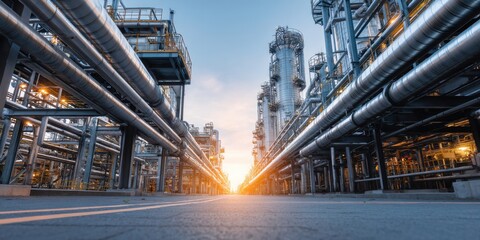 A stunning image of modern industrial plant with steel pipes and equipment. View of the production line from the outside. An energy production or petrochemical industry concept.
