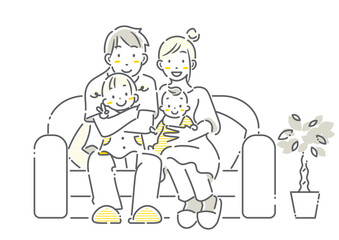仲良くソファに座る若い四人家族　シンプルでお洒落な線画イラスト