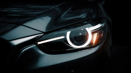 A stunning image of closeup view of car front headlight showcasing modern design and highend automotive craftsmanship against a dark background.