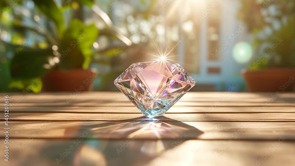 Poster Sparkling gemstone on a wooden table with a background of blurred plants and sunlight creating beautiful reflections