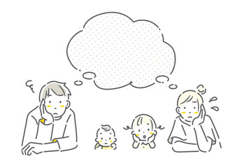不安を抱える若い四人家族　シンプルでお洒落な線画イラスト