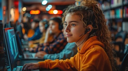 Obraz premium Teenage girl focused on computer