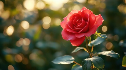 Aromatic blossom: Captivating crimson rose with sun-kissed soft bokeh backdrop
