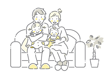 仲良くソファに座る若い四人家族　シンプルでお洒落な線画イラスト