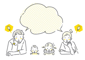 驚く若い四人家族　シンプルでお洒落な線画イラスト