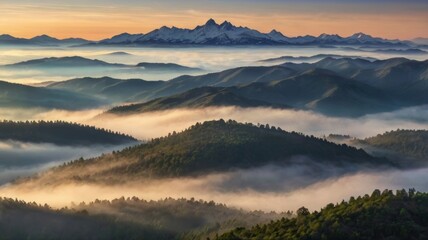 Fototapeta premium Stunning Mountainscape at Dawn: A Serene Vista of Peaks and Misty Valleys
