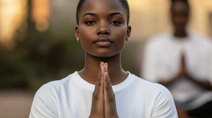 the image features a woman in a white shirt with her hands in prayer position, close to her chest. her face is directly facing the viewer with a calm expression