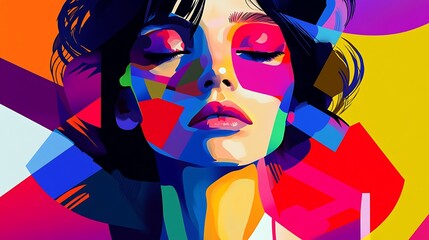 Vibrant Abstract Portrait of a Woman with Closed Eyes, Bold Colors and Geometric Shapes
