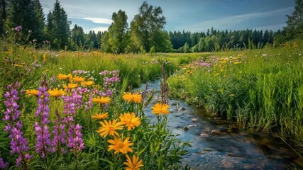 Wildflower meadow with yellow flower and purple flower near flowing stream and green grass