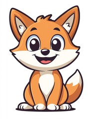 Obraz premium Cute cartoon fox character, sitting, happy expression, large eyes, simple design