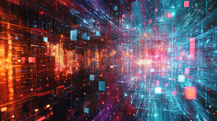 Abstract digital connections visualizing data exchange and blockchain technology, showcasing decentralized networks, secure transactions, and futuristic information systems