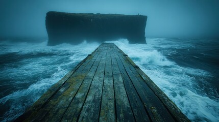 Misty, stormy sea, wooden pier, solitary rock