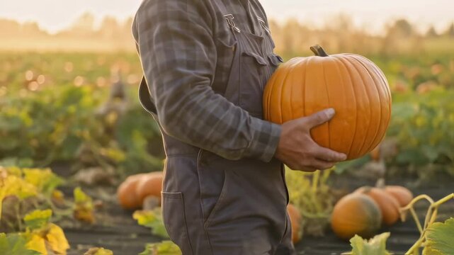 Farmer holding ripe pumpkin in autumn field at sunset. Man harvesting orange squash for Halloween, Thanksgiving. Fall agricultural scene.