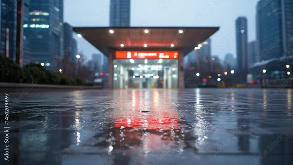 Poster view of a modern subway entrance with illuminated signage during a rainy day. reflective wet ground 