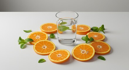 Clean white table with sliced oranges, mint leaves, and a glass of water.