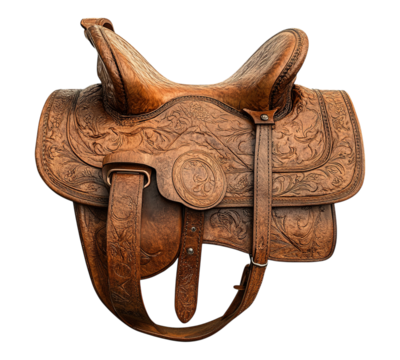 A brown leather saddle with a gold buckle