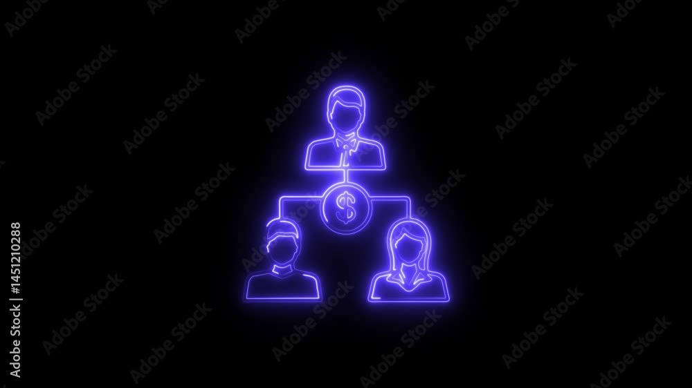 Poster glowing neon business hierarchy structure and financial distribution representation on black backgro
