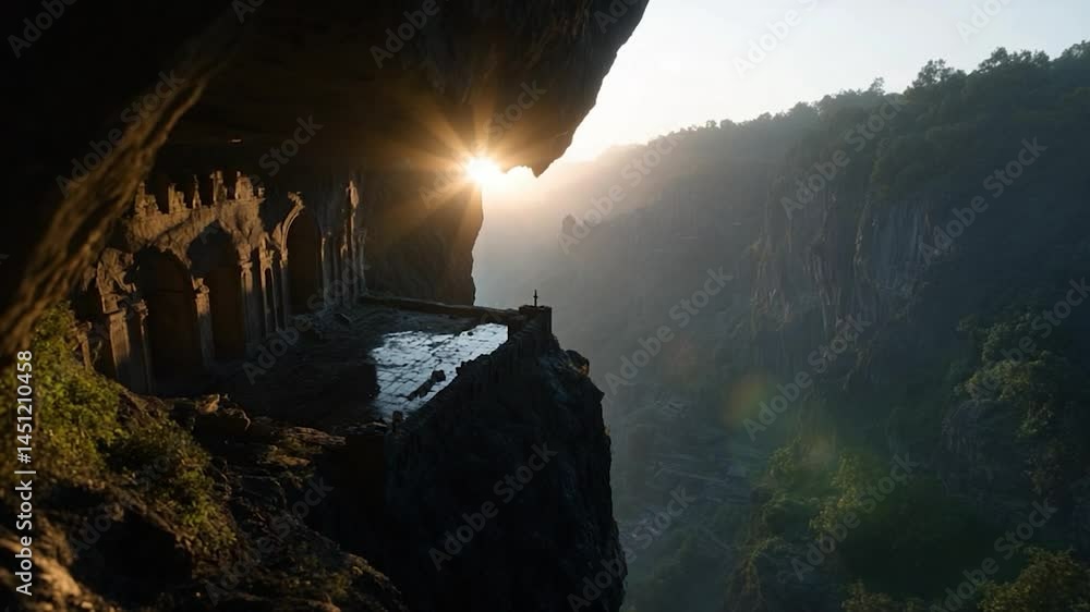 Aufkleber dramatic scenery with a cliffside structure illuminated by the sun's rays. lush green canyon and atm
