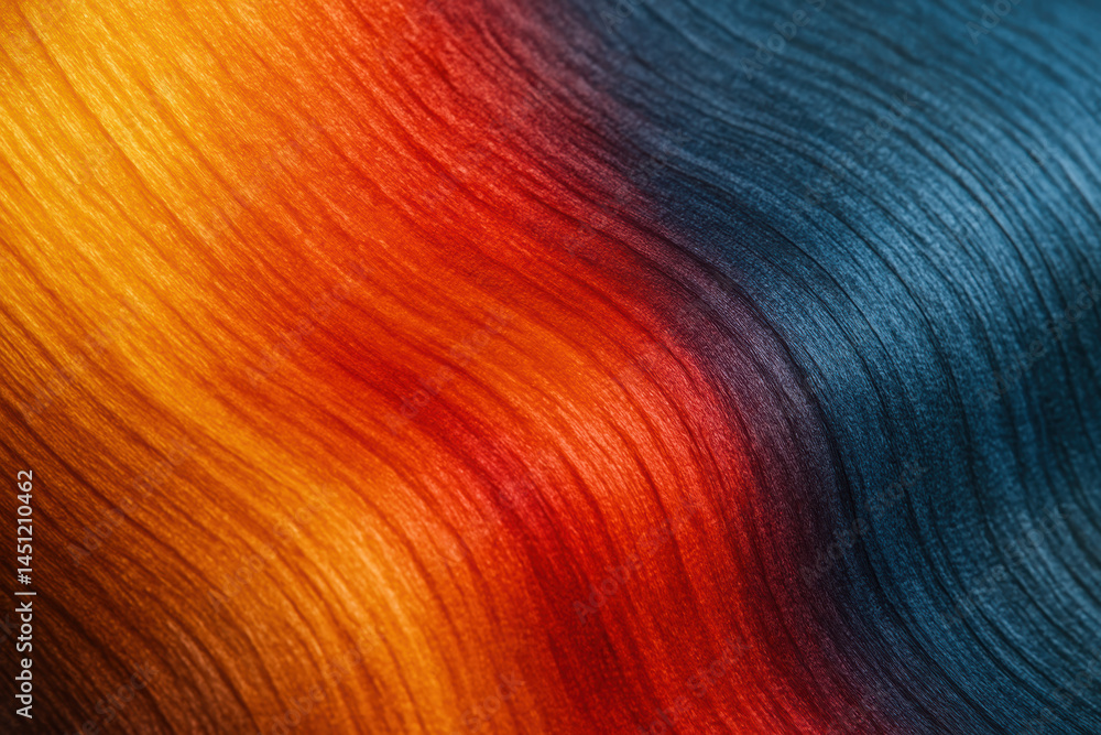 Poster woodwork texture with warm orange and red tones blending into cool blue in workshop setting creating