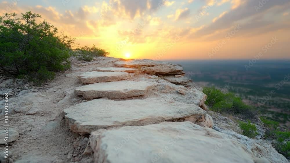 Aufkleber scenic view of stone pathway on cliff with lush green plants at sunset with orange sky and golden su