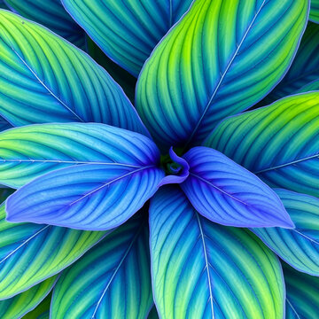 Background with a close-up of blue and green japan hosta flower leaves. Colorful funkia detail foliage, isolated macro, outdoors in the spring Japanese garden. Abstract pattern of fresh blossom plant
