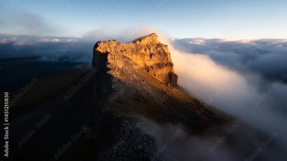 Poster panoramic aerial view of a mountain peak illuminated by golden sunlight above the clouds creating a 