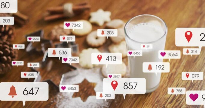 Glass of milk floating on tabletop in flat design, featuring cookies and pulsing notification icons