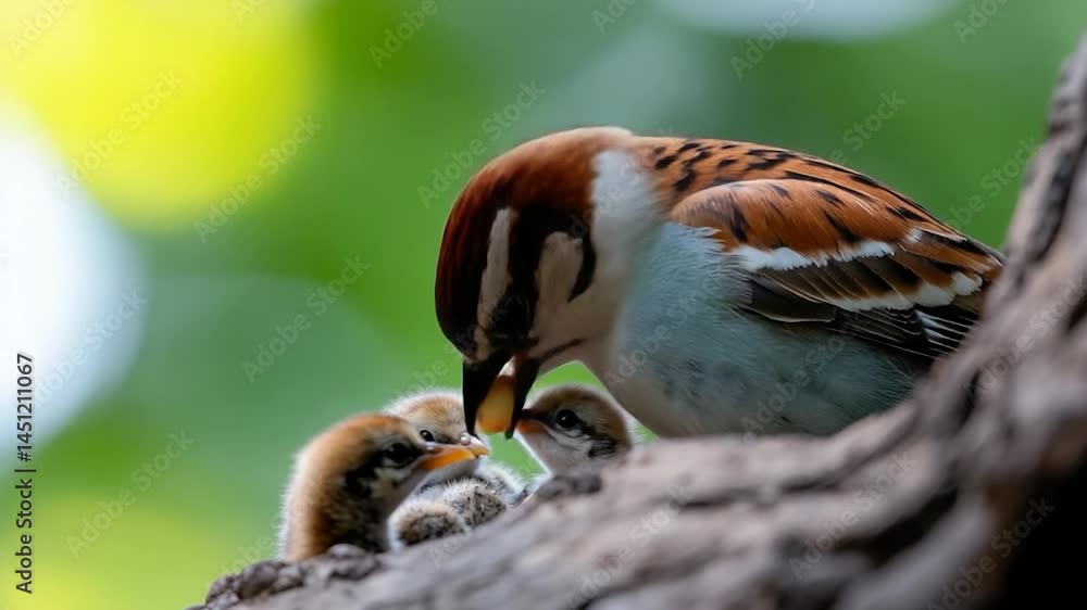 Poster a detailed view of a mother bird feeding its young nestlings on a tree branch. the scene is illumina