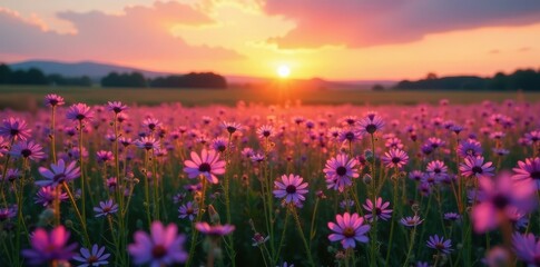 Obraz premium Vibrant pink and violet wildflowers carpet a field at sunset, creating a stunning countryside backdrop , idyllic, sky, colours