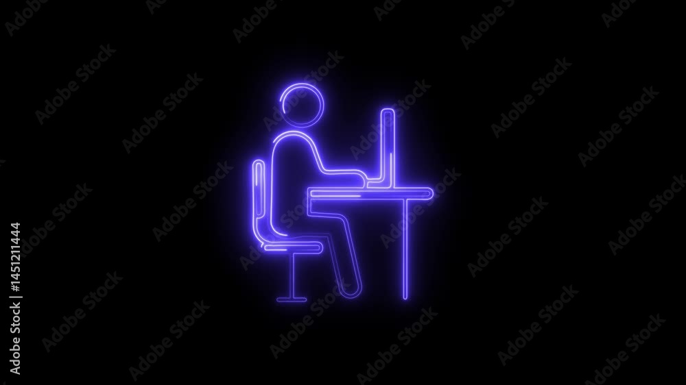 Aufkleber neon icon of person working at computer animation on black background