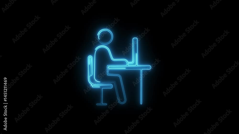 Poster glowing neon outline of person working at computer on black background