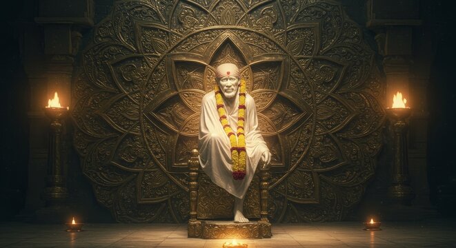 Spiritual Serenity: A Sai Baba Statue Amidst Ornamental Splendor and Soft Illumination