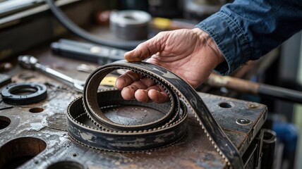 Fototapeta premium Mechanic Inspecting Used Engine Timing or Serpentine Belt for Replacement in Workshop